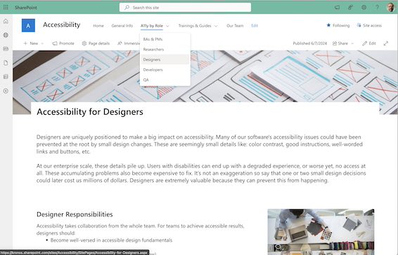 internal sharepoint page to improve designer accessibility knowledge