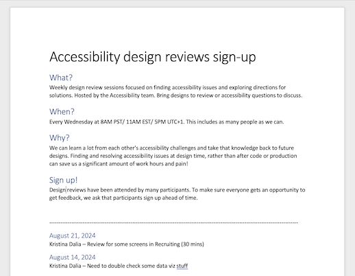 a sign up sheet for design reviews