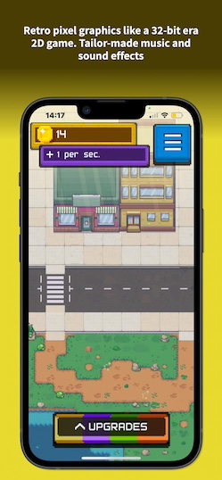 Gameplay screenshot of the city. Retro pixel graphics like a 32-bit era 2D game. Tailor-made music and sound effects