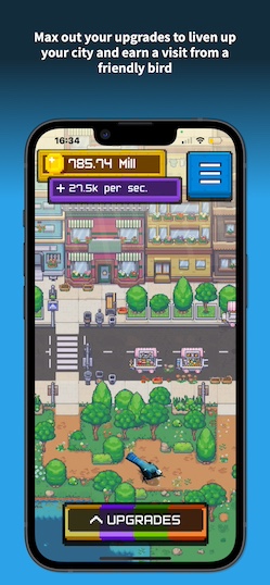 Fully upgraded city, gameplay screenshot. Max out your upgrades to liven up your city and earn a visit from a friendly bird