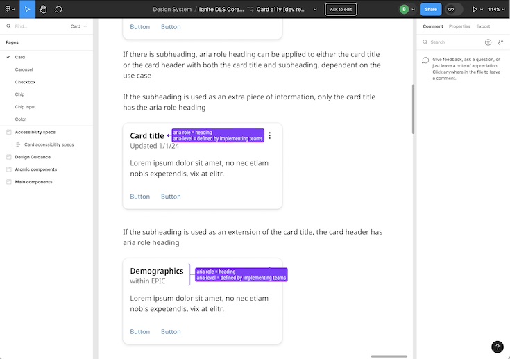 card component accessibility documentation in Figma