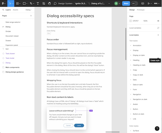 dialog component accessibility specs in Figma