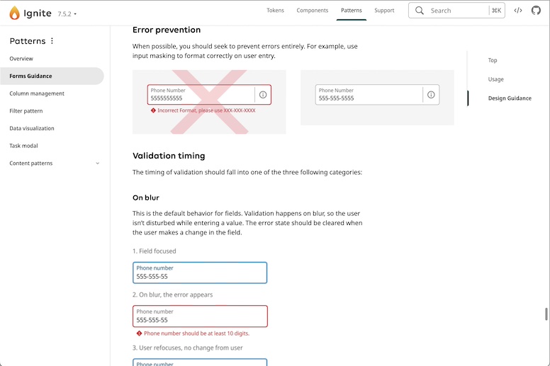 form guidance in the design system website