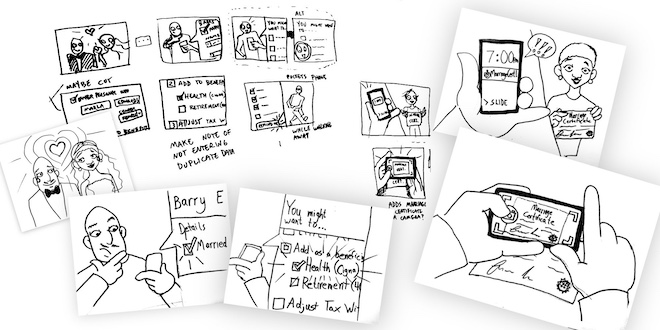 rough and polished storyboards for a user journey involving a marriage