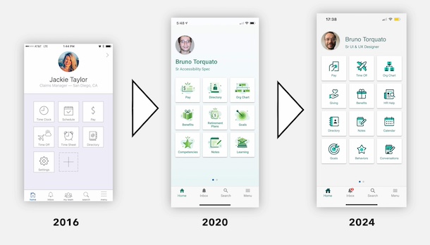 Screenshots of the home screen from 2017, 2020, and 2024. The interaction design is identical