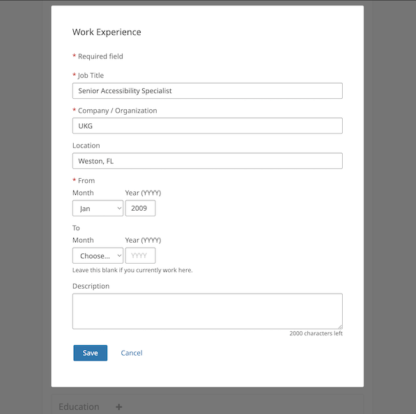 a work experience form in UKG Recruitment