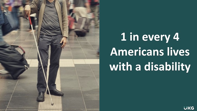 Training slide: 1 in 4 americans lives with a disability, photo of a white cane user